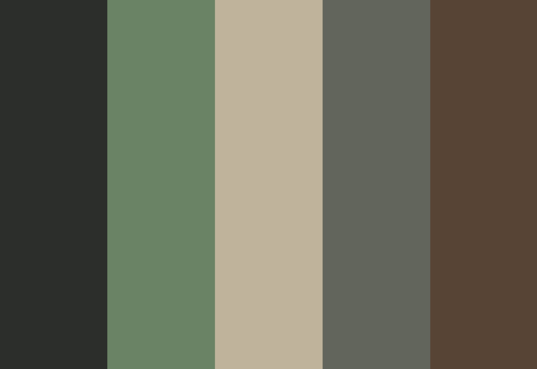 A picture of 5 colors displayed vertically: mud green, muted green, medium beige, gray, and brown.