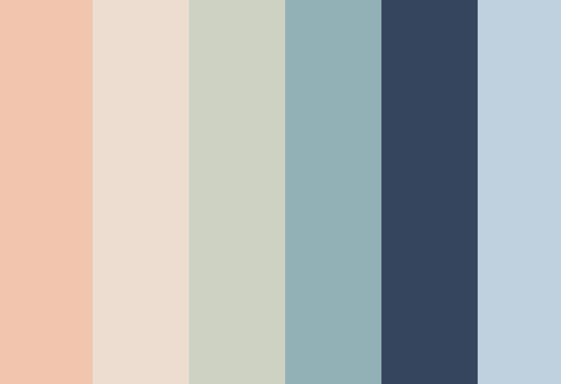 A picture of 6 colors displayed vertically: peach, light pink, light green, gray-blue, navy blue, and sky blue.